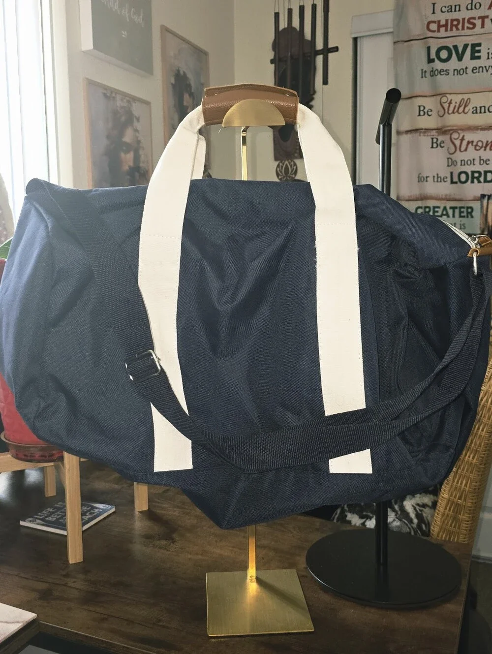 Tommy Bahama Navy and Blue Duffel Bag with White Straps